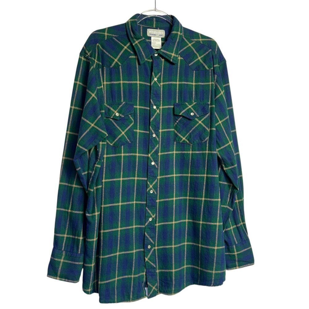 Wrangler Wrancher Green Plaid Pearl Snap Shirt Cowboycore Western Mens 2XT